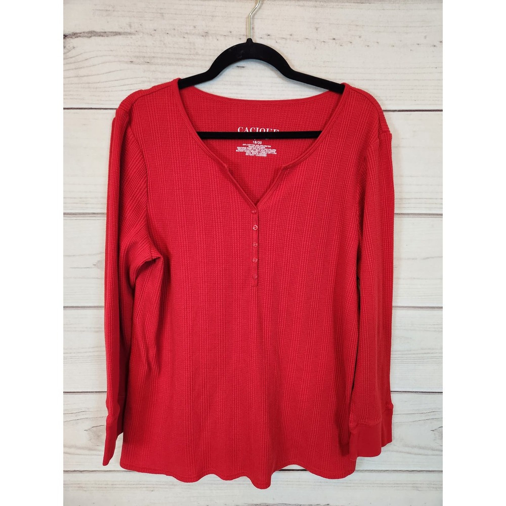Cacique Sleepwear Womens Red Solid Henley Neck Long Sleeve Thermal Top 18/20